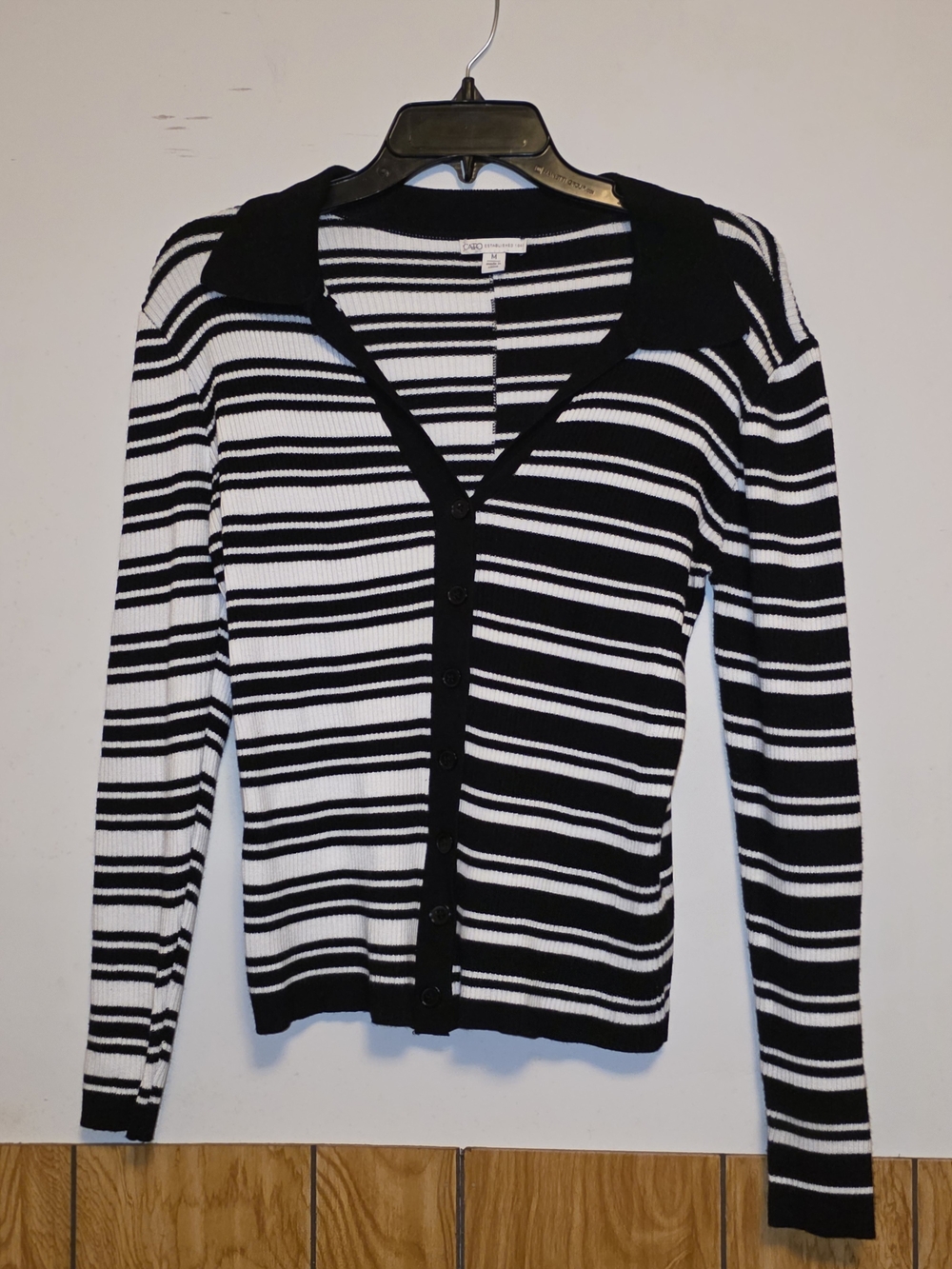 Cato Black & White Striped V-Neck Button Cardigan